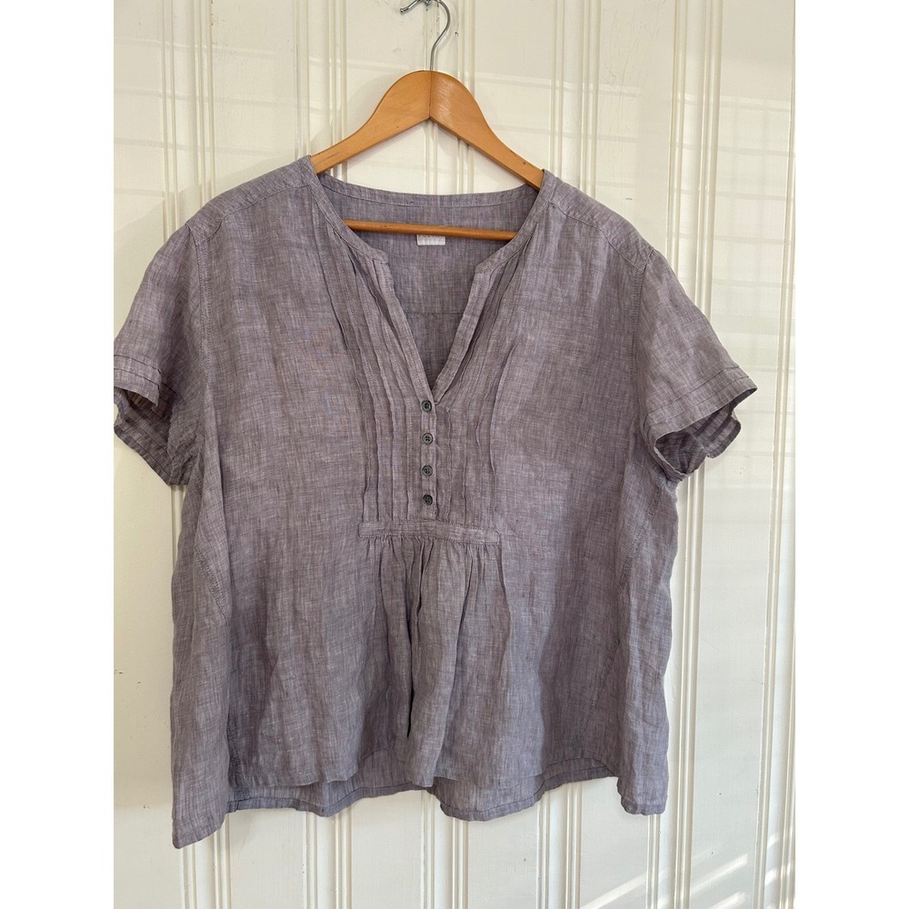 Poetry 100% Linen Sz 16 Short Sleeve Blouse Lilac V-Neck Coastal Relaxed Top EUC